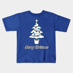 Elegant White Christmas Tree with Blue Decorations - Merry Christmas Kids T-Shirt